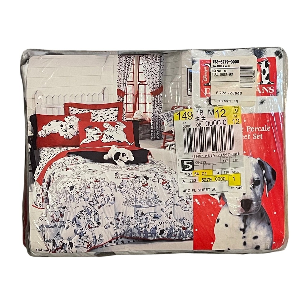 Vintage Disney 101 Dalmatians Full Sheet Set 4pc Percale Red White Black New